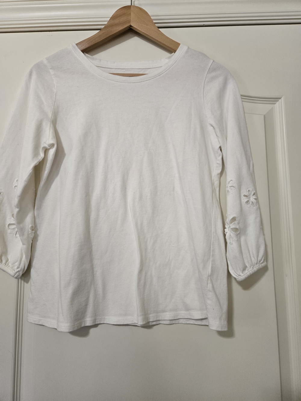 Laurie Felt White Long Sleeve Tee with Eyelet Sleeve Flowers